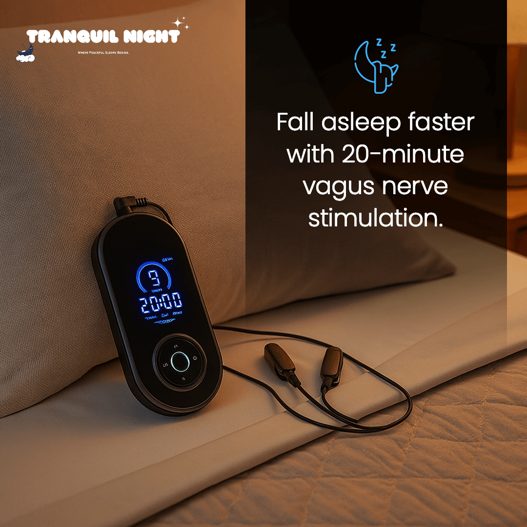 Tranquil Night Sleep Aid device promoting relaxation and faster sleep with vagus nerve stimulation on bedside table.